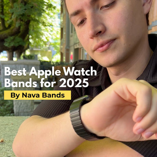A man outdoors glancing at his wrist, wearing the Nava Bands Magno Loop on his Apple Watch.