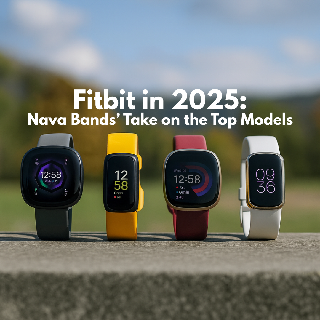 Four Fitbit smartwatches with colorful bands are neatly aligned on a stone surface outdoors, with a blurred green landscape and blue sky in the background. Bold white text above the watches reads, “Fitbit in 2025: Nava Bands’ Take on the Top Models.”