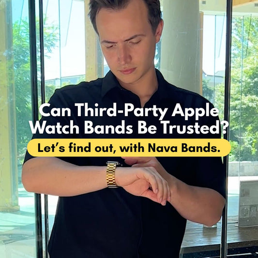 A man in a black shirt looking at his Apple Watch with a gold metal band. Overlaid text reads: 'Can Third-Party Apple Watch Bands Be Trusted? Let’s find out, with Nava Bands.'