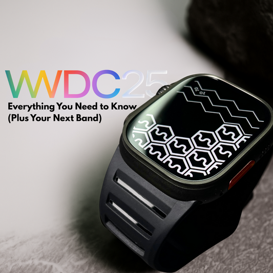 Apple Watch Ultra 2 with Nava Bands Aspro 2.0 resting on a textured surface, displaying a geometric watchface, with “WWDC25 – Everything You Need to Know” text overlayed in bold font.