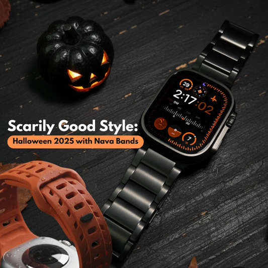 Apple Watch with black and orange bands beside Halloween pumpkins, promoting “Scarily Good Style” for Halloween 2025 with Nava Bands.