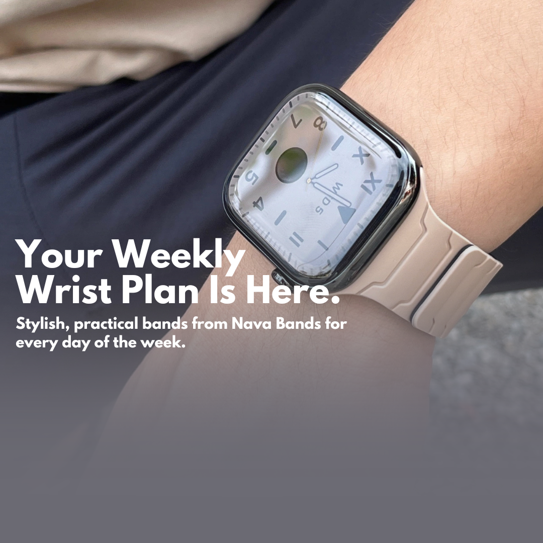 Apple Watch on wrist with beige Nava Band, text overlay ‘Your Weekly Wrist Plan Is Here.