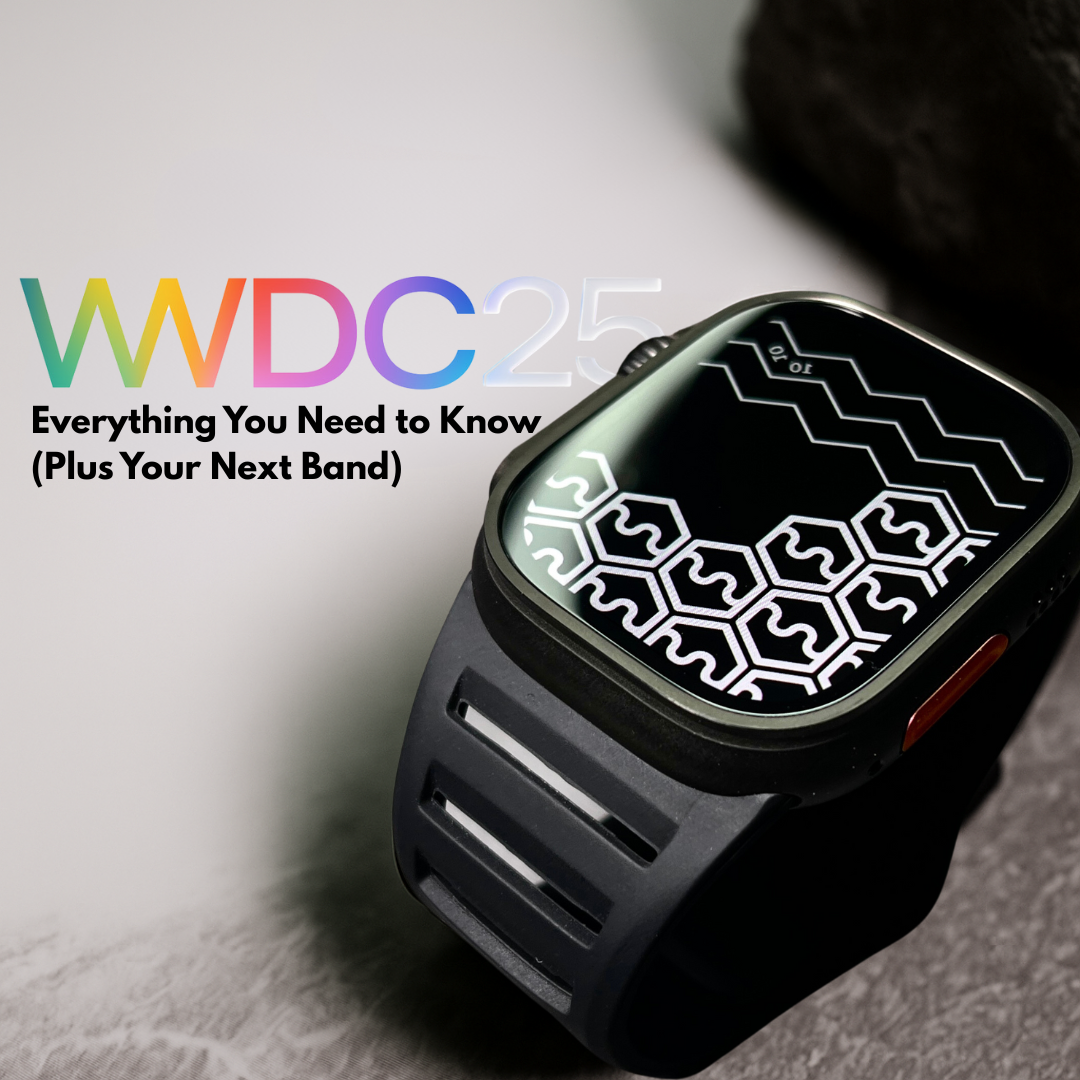 Apple Watch Ultra 2 with Nava Bands Aspro 2.0 resting on a textured surface, displaying a geometric watchface, with “WWDC25 – Everything You Need to Know” text overlayed in bold font.