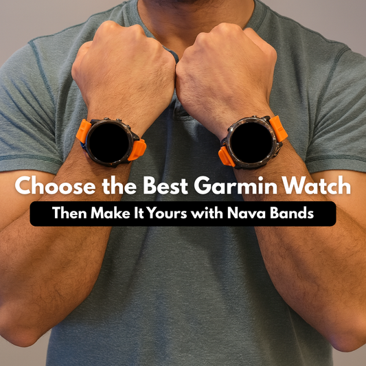 Man wearing two Garmin watches with orange straps, featuring the text “Choose the Best Garmin Watch — Then Make It Yours with Nava Bands.