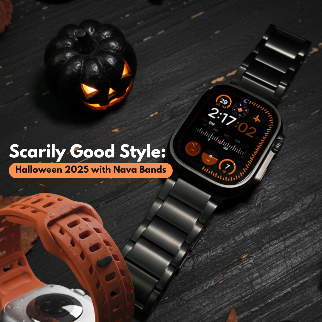 Apple Watch with black and orange bands beside Halloween pumpkins, promoting “Scarily Good Style” for Halloween 2025 with Nava Bands.
